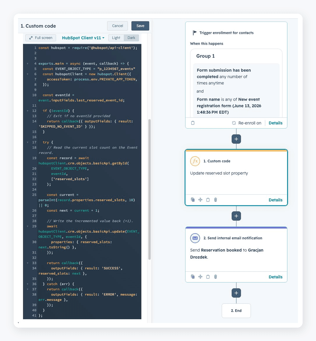 HubSpot custom code calling the API to update a custom object property based on a contact property