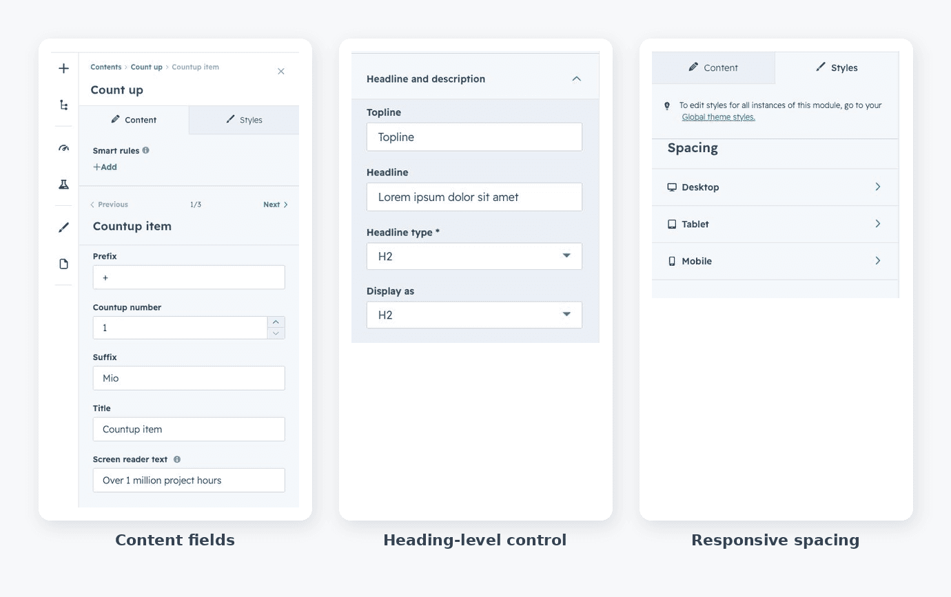 HubSpot custom module editor showing grouped and repeatable field types in a field group