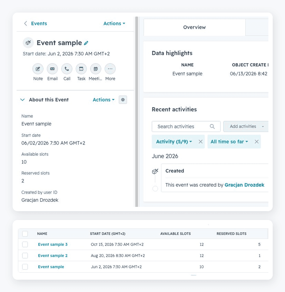 HubSpot custom Event object showing a records list and a single record's custom properties