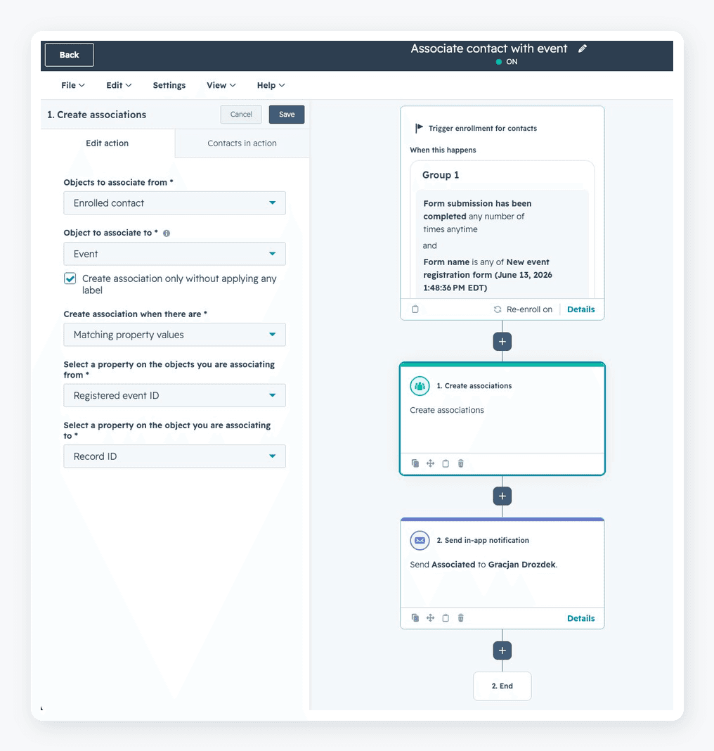 HubSpot workflow associating an enrolled contact with a custom Event object by matching property values